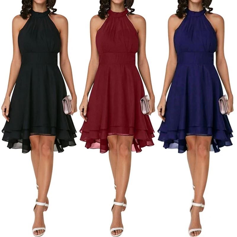 Летнее платье модное трапециевидной формы с лямкой на шее шифоновое для