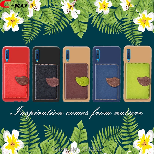 C-ku Leaf Soft TPU Leather Case For Samsung Galaxy A7 2018 J6 J4 PLUS J2 CORE Pocophone F1 ID Card Stand Cover Skin Fashion 1pcs | Мобильные
