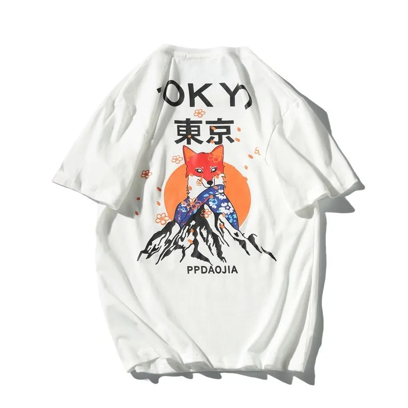 

Men 2019 Summer New Hip Hop Cartoon Fox Printed 100% Cotton T-Shirts Men Streetwear Japan Harajuku Short Sleeve Tee T Shirts Men