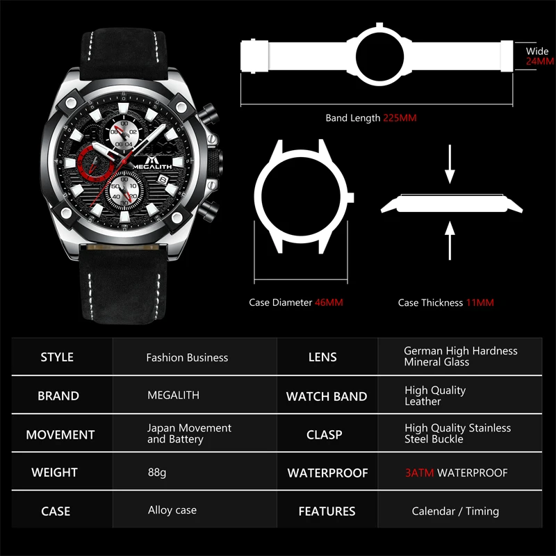 MEGALITH мужские модные часы водонепроницаемые календарь хронограф Черные Кожаные