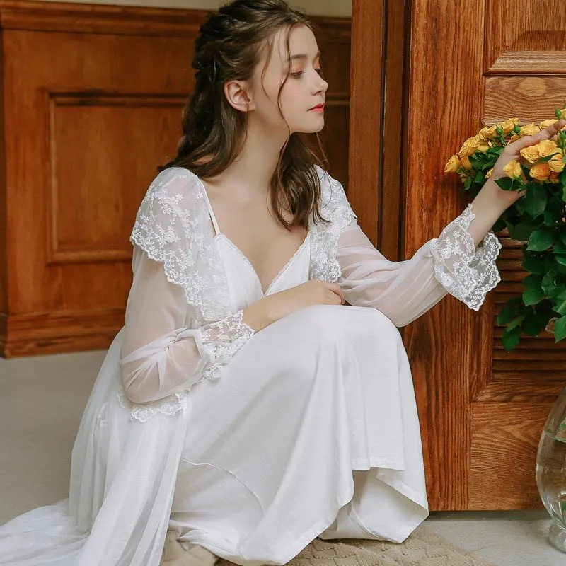 Two 2 Pieces Sleepwear Women Night Wear Home Robe Gown Set Transparent Kimono Lace Nightie Peignoir Sets | Женская одежда