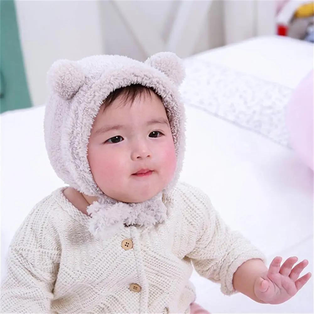 2018 Boys and Girls Autumn Winter Hat Baby Earmuffs Bear Head Cap Children's Double Ball Plush |