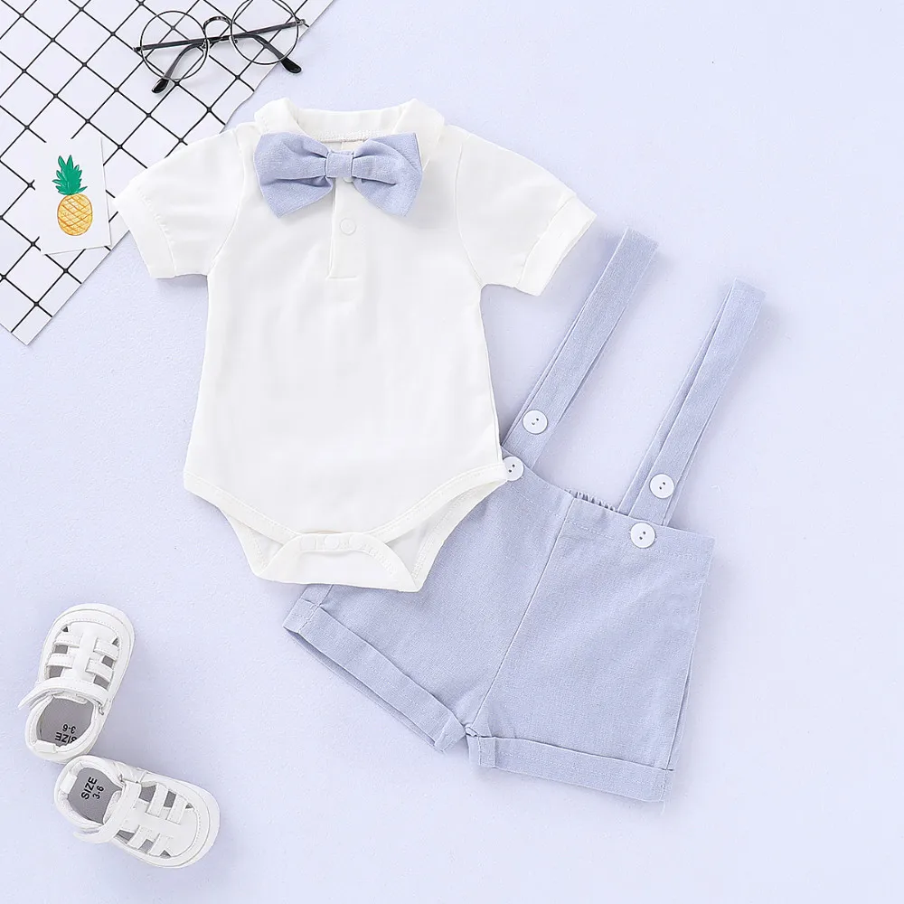 2 PCS Baby Boys solid Romper Outfits + Suspender Boxer Pants Set Gentlemen Wedding Formal Clothes Smash Blue 0-24m |