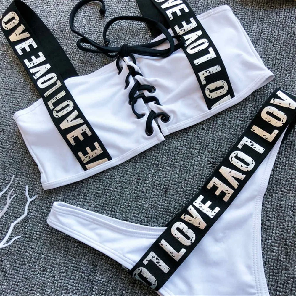 MUXILOVE 2019 Letter Printed Brazilian Bikini Women Swimwear Female Swimsuit Two-pieces set Lace Up Bather Bathing Suit |