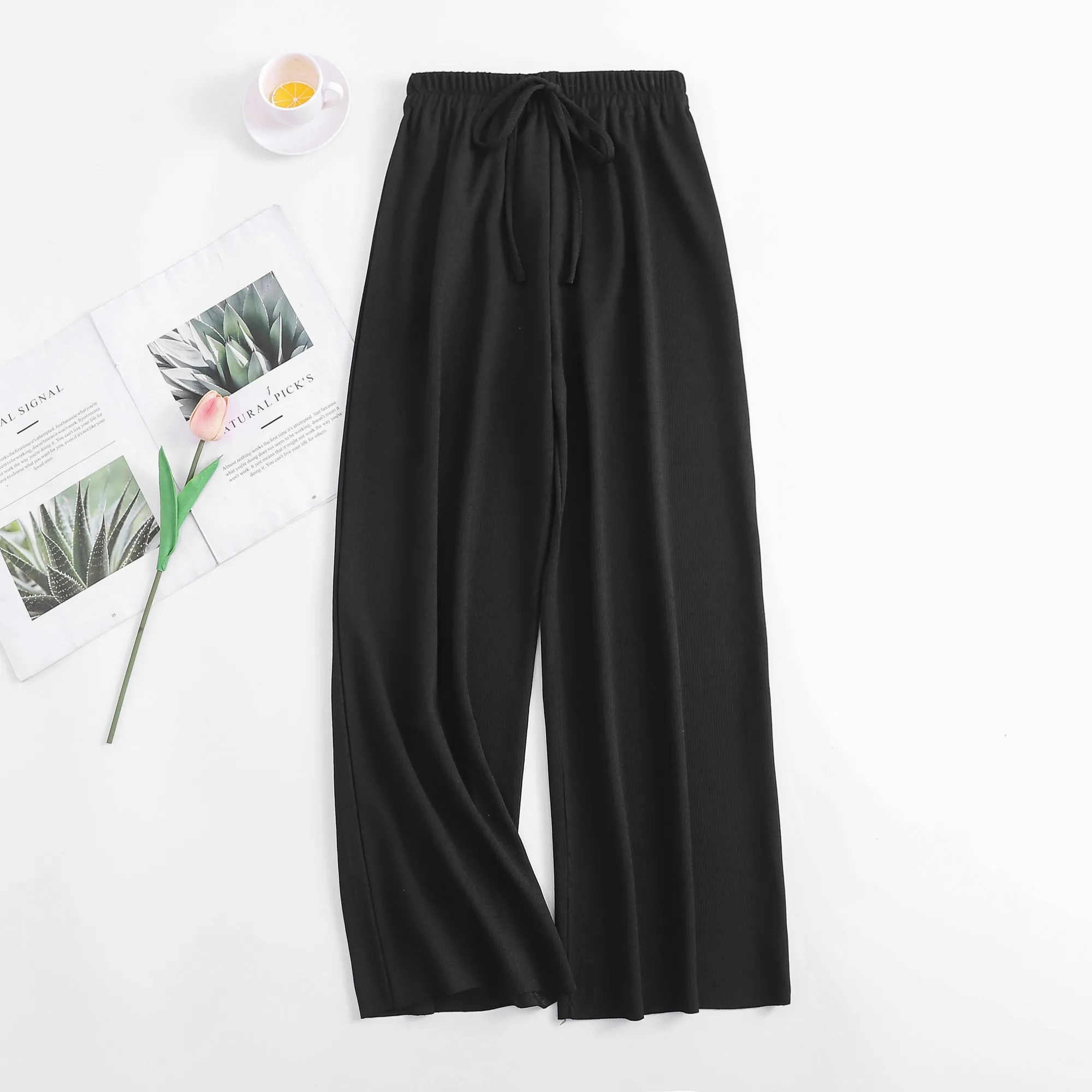 Womem wide leg pants fashion female vintage elegant elastic waist thin meryl knitted pant casual trousers 2019 summer autumn | Женская