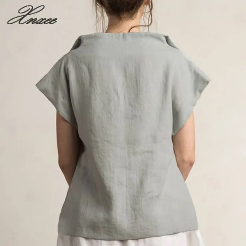 

Women Vintage Linen Tops Plus Size Blouses 2020 Summer V Neck Short Sleeve Shirts Casual Loose Female