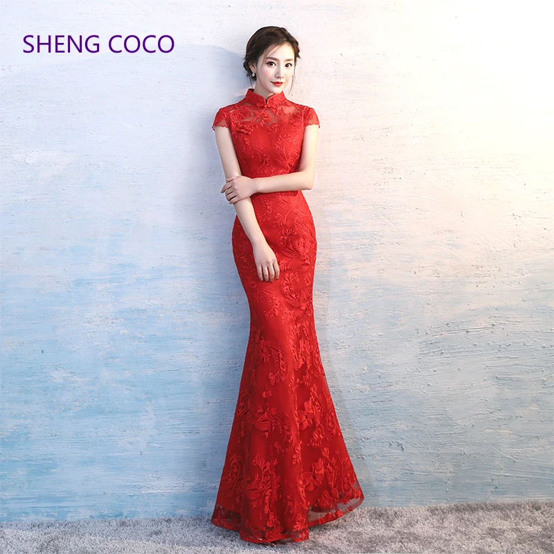 Красное свадебное платье SHENG COCO вечернее кружевное в китайском стиле с юбкой-годе
