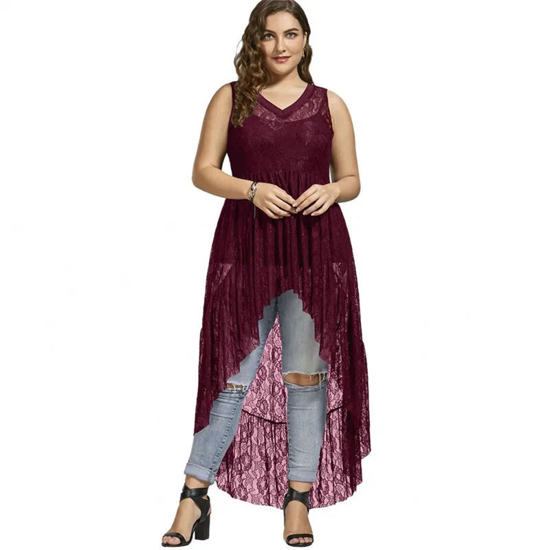 Wipalo Women Long Shirts Sleeve High Low Lace Plus Size Top V Neck See Through Button Up Tops Female Casual Shirt | Женская одежда