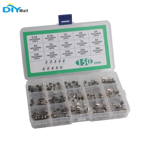 150 шт. набор предохранителей DIYmall 15 значений 10 шт. каждое значение 0.2A-30A 250В 5x20мм