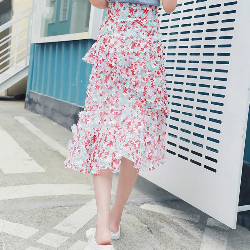 Lychee/шифоновая юбка трапециевидной формы с объемным цветочным рисунком для