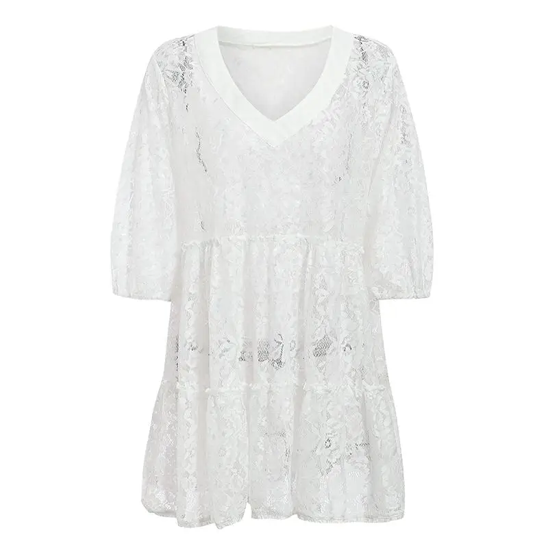 Turmeric Lace white beach dress cover up Sexy see through bikini cover-ups Flower v-neck 2019 new Tunic women's saida de |