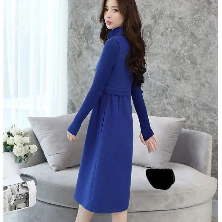 Plus Size New Women Turtleneck Long Sleeve Woolen Empire Dress Solid Knitting Patchwork A-line Mid Dresses | Женская одежда