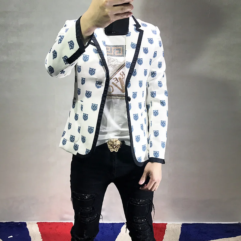 Tiger Head White Blazer Jacket Male 2019 Season Frivolous Mans Suit Trill Hairstyle Division Avoid Burn Loose Coat Hombre | Мужская