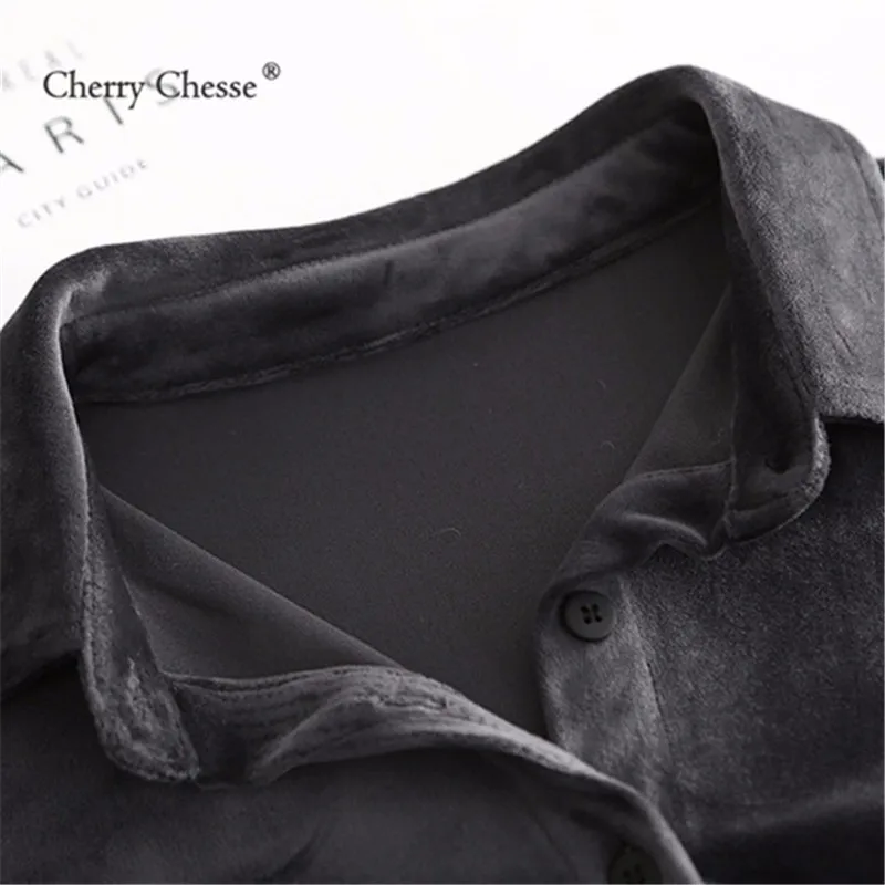 Cherry Chesse Винтаж для женщин флисовая Блузка Кнопка отложной воротник Топы