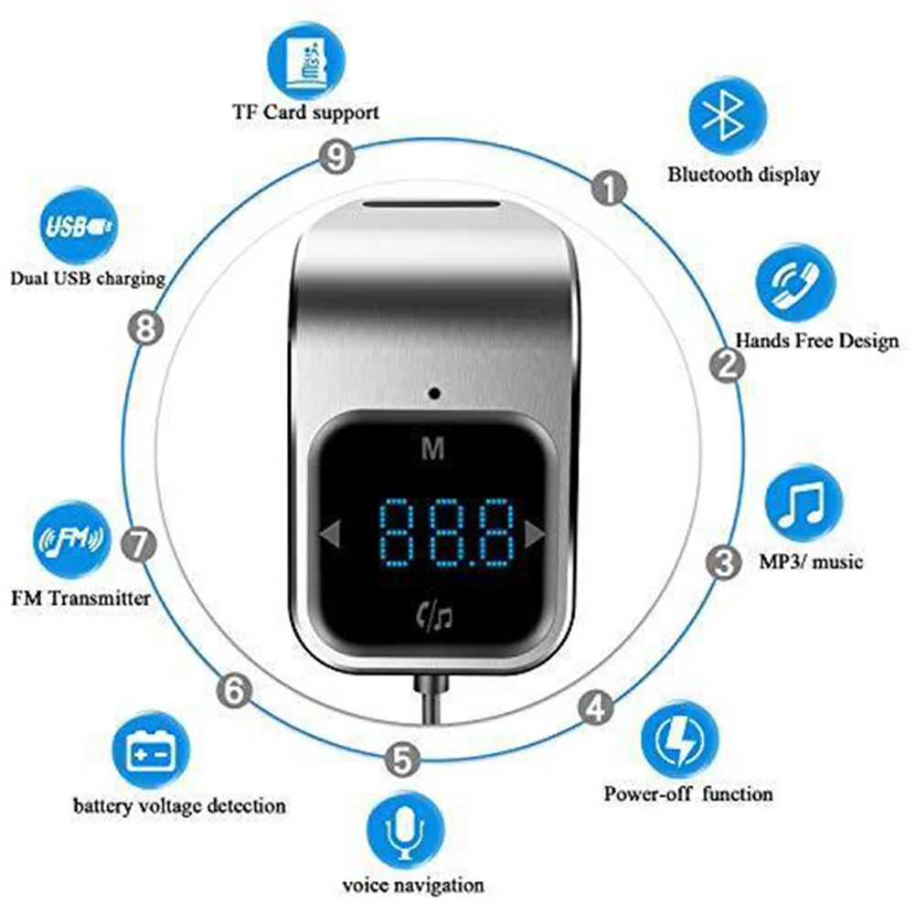 Car Call Bluetooth Voltage Detector Led FM Transmitter Navigation Voice Charger Screen MP3 Player Adapter Music Control | Автомобили и