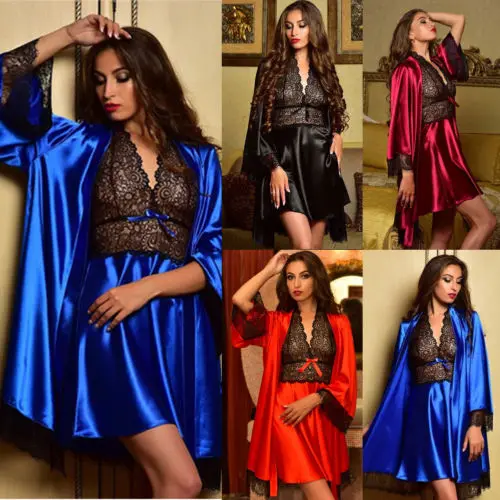 2 шт. сексуальное женское белье шелковое кружевное платье ночная рубашка одежда