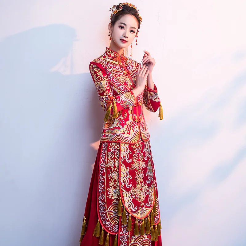 Лидер продаж красное атласное платье Cheongsam с вышивкой китайское свадебное для