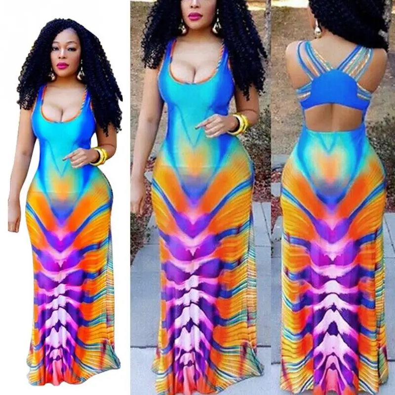 2019 New Fashion Summer Women strip sleeveless Gradient color Casual Long Dress Beach Party Maxi #20 | Женская одежда