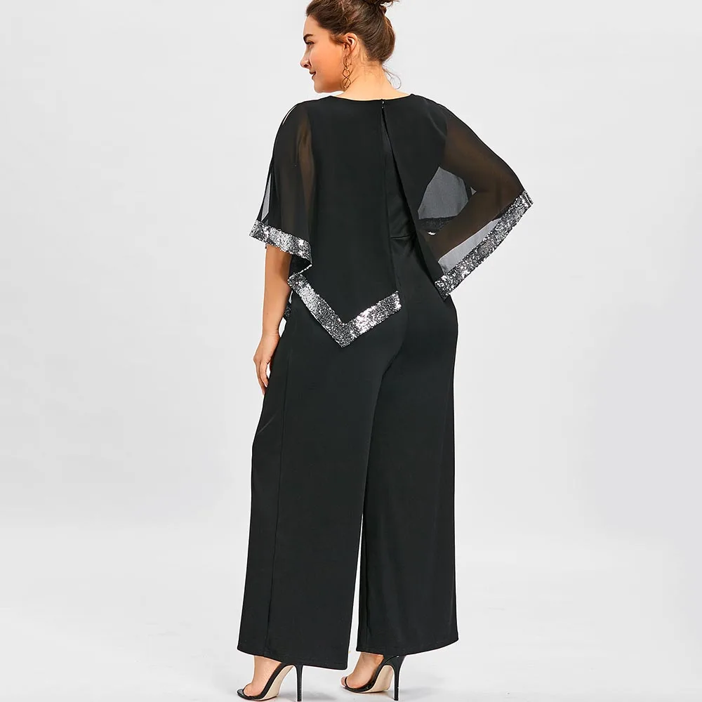 Wipalo Plus Size 5XL Sequined Overlay Wide Leg Jumpsuit Long Pants Romper Office Ladies Work Wear Chiffon Overalls|Женские