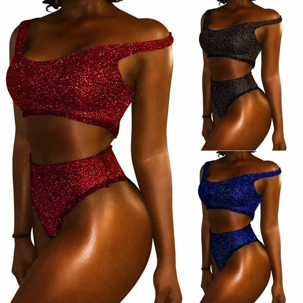 

Women Sequin Glitter Push Up Triangle Bra Bikini Set Swimwear Beachwear