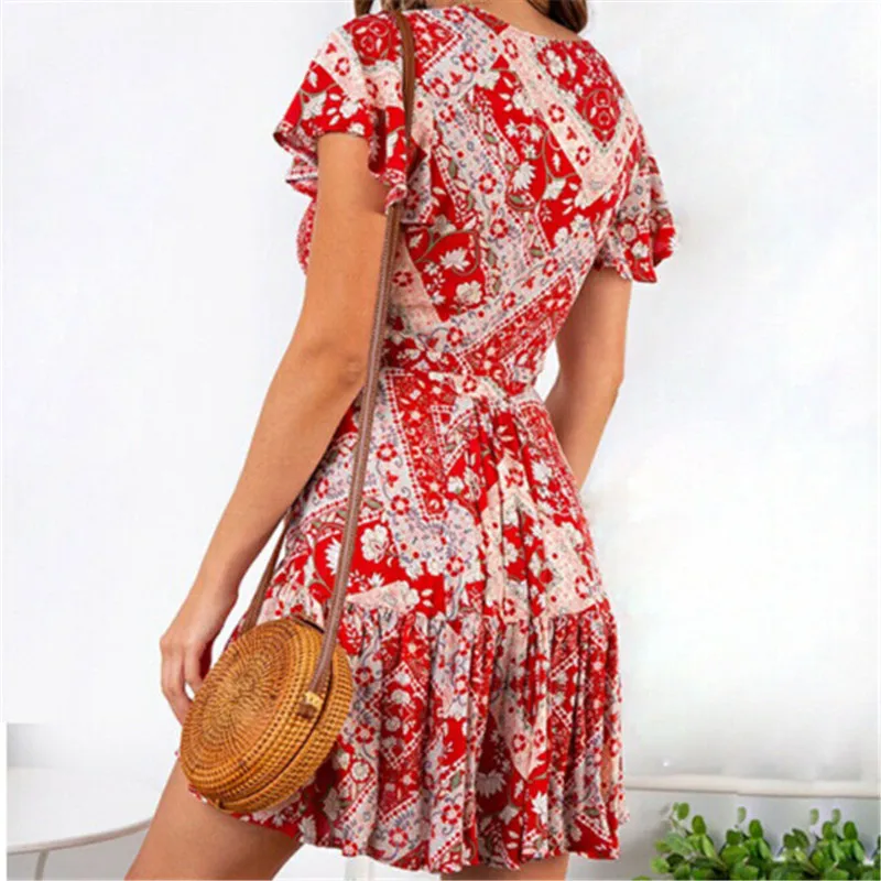 Женское шифоновое платье с v образным вырезом и коротким рукавом летнее пляжное