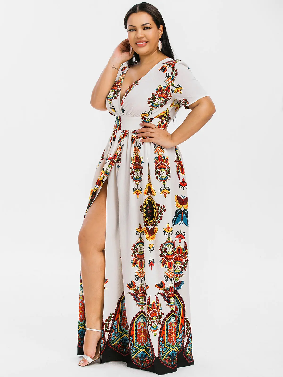 Платье макси с разрезом высокой талией и V образным вырезом|Женские платья| |