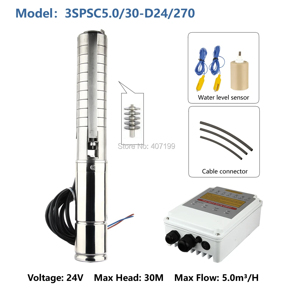 

DC 24V max 5000L/H 30M Lift Small Submersible Solar Water Pump For Solar System 3SPSC5.0/30-D24/270