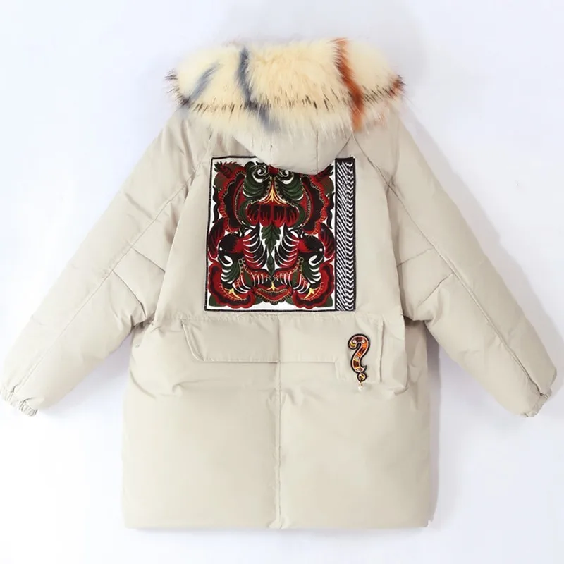 Winter Fashion Down Cotton Jacket Women Parkas Coat New Embroidered Hooded Fur Collar Thick Warm Clothing Medium Long Outerwear