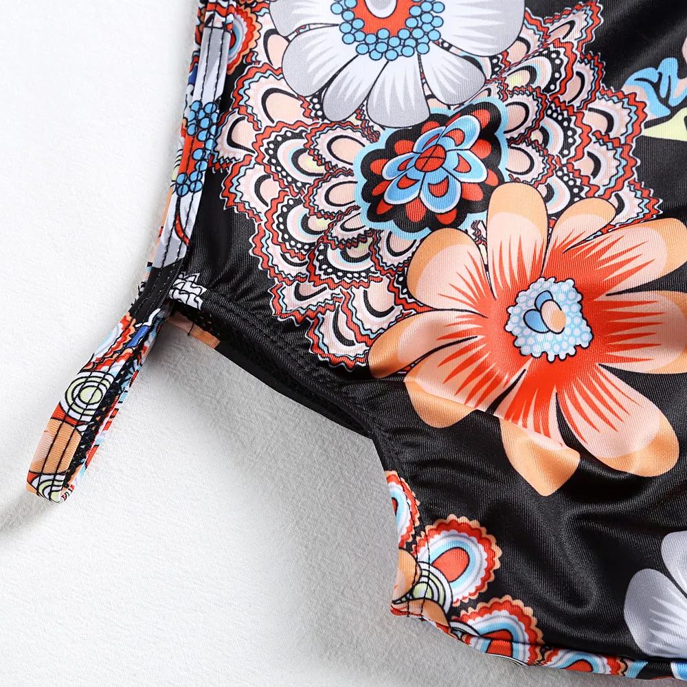 Женский купальник-бикини с лямкой на шее открытыми плечами цветочным принтом и