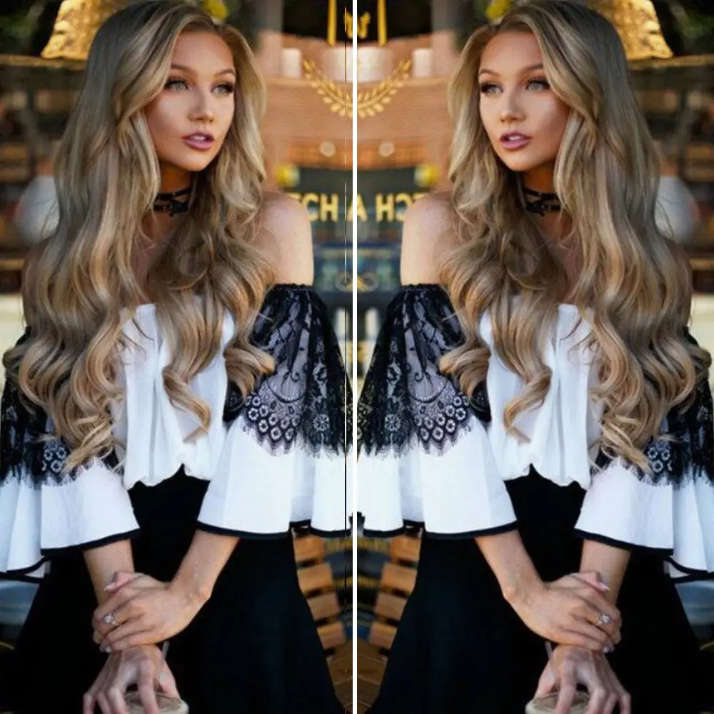 

2018 new summer Fashion Women Ladies off shoulder Blouses Casual Pullover Long flare Sleeve Loose ruffles lace Tops solid Blouse