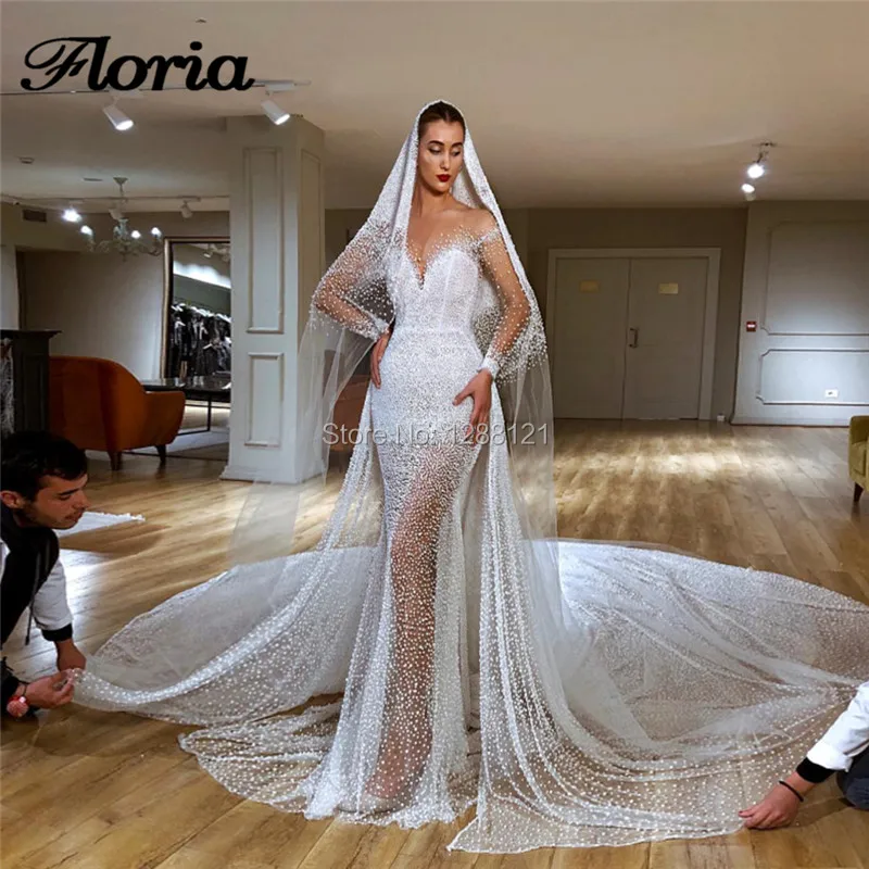Dubai Design Illusion Royal Train Wedding Dresses With Veil Couture New 2019 Mermaid Beaded Pearls Bridal Gowns Vestido de Noiva