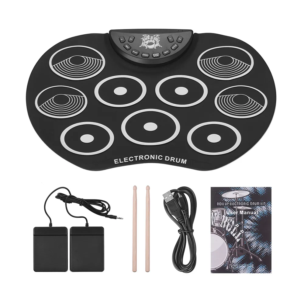 

Portable Size Roll-Up Drum Set Electronic Drum Kit 9 Silicon Drum Pads USB/Battery Powered with Drumsticks Foot Pedals