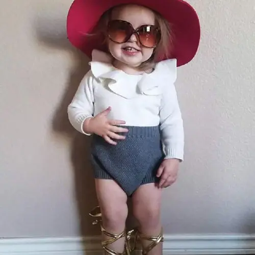 

Cute Baby Girls Wool Knitting Patchwork Tops Long Sleeve Ruffle Romper Shorts Warm Outfits Clothes 0-24M