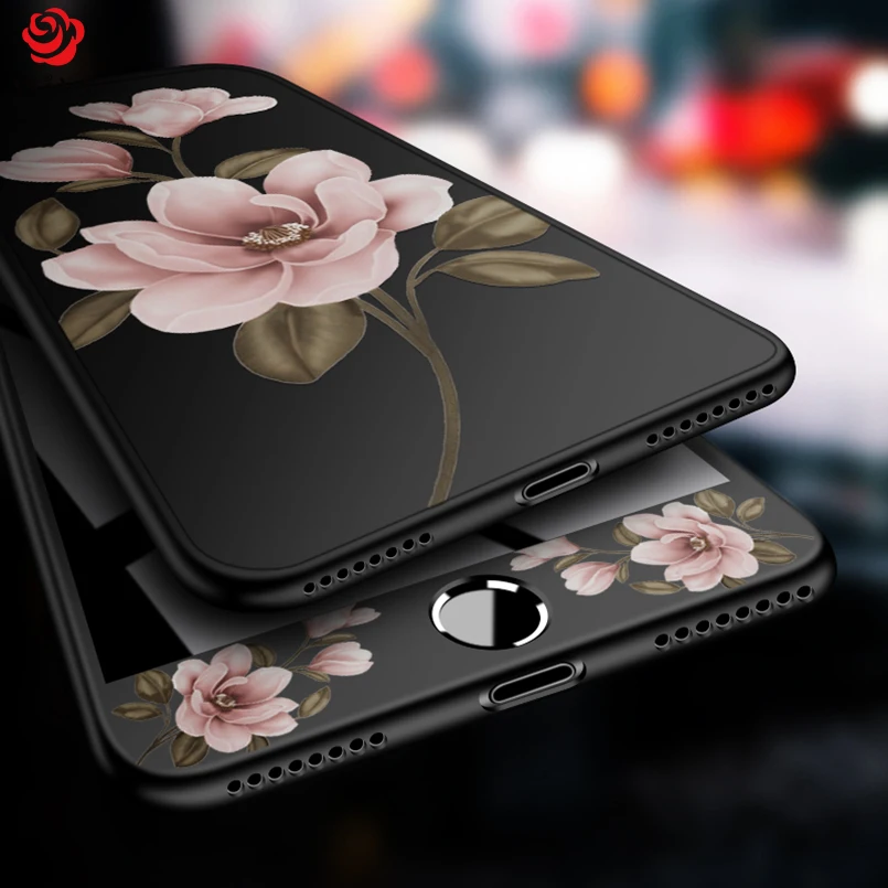 360 Полное покрытие для iPhone 7 Plus чехол с цветочным узором Чехлы 6 6s 8 X Черный
