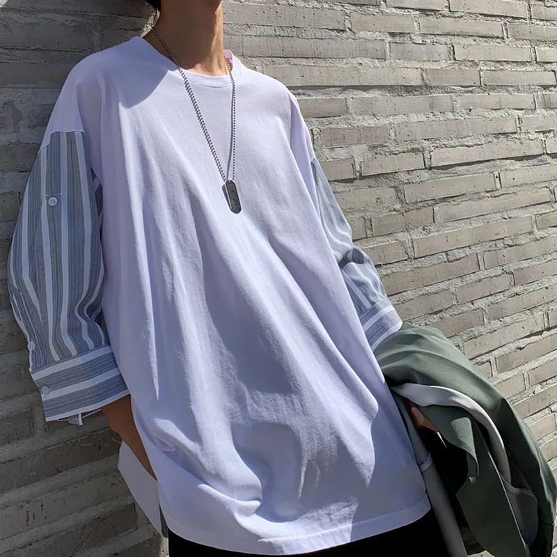 Мужская Повседневная рубашка в полоску летняя Свободная с рукавом горошек стиле