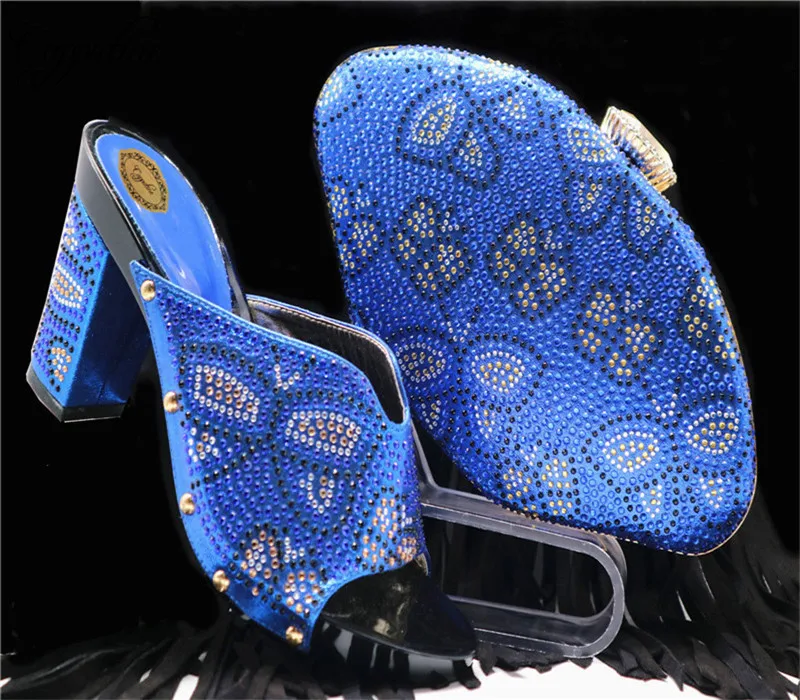 

Hot Sale Italian Rhinestone Slipper Shoes And Bag Set For Party African Style Pumps 6CM Shoes And Bag Set Size 38-42 Stock