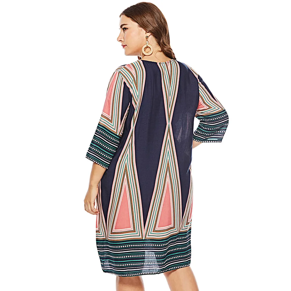 2018 Plus Size New Fashion Women Dresses Geometric Pattern Tied Fringe Shift Dress | Женская одежда
