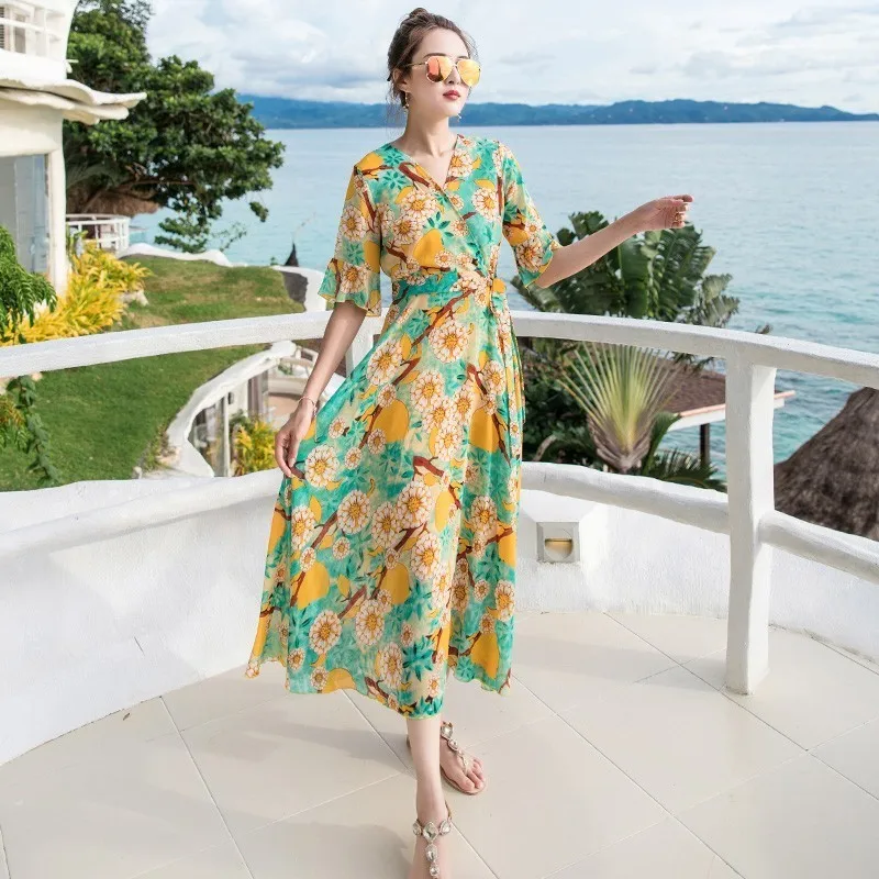 Женское летнее платье с V образным вырезом и коротким рукавом|Женские платья| |