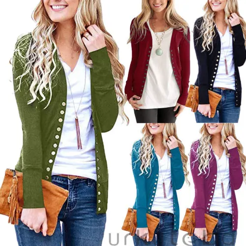 Women V-Neck Casual Autumn Solid Button Down Knitwear Long Sleeve Basic Knit Cardigan Sweater |