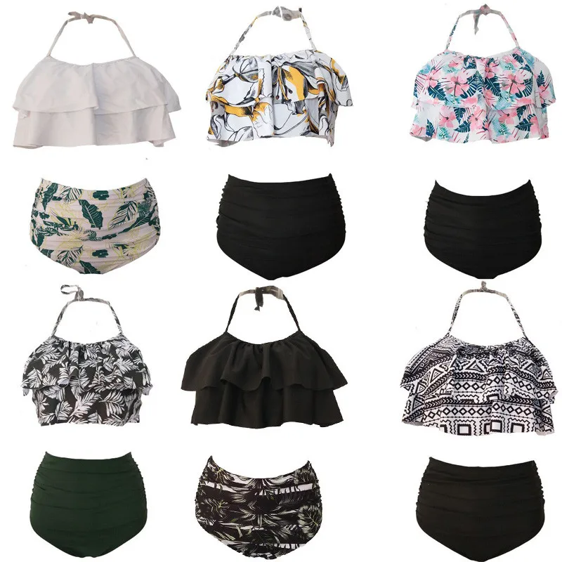 

2018 Sexy High Waist Swimsuit Ruffle Swimwear Biquini Swim Bathing Suit Halter Floral Print