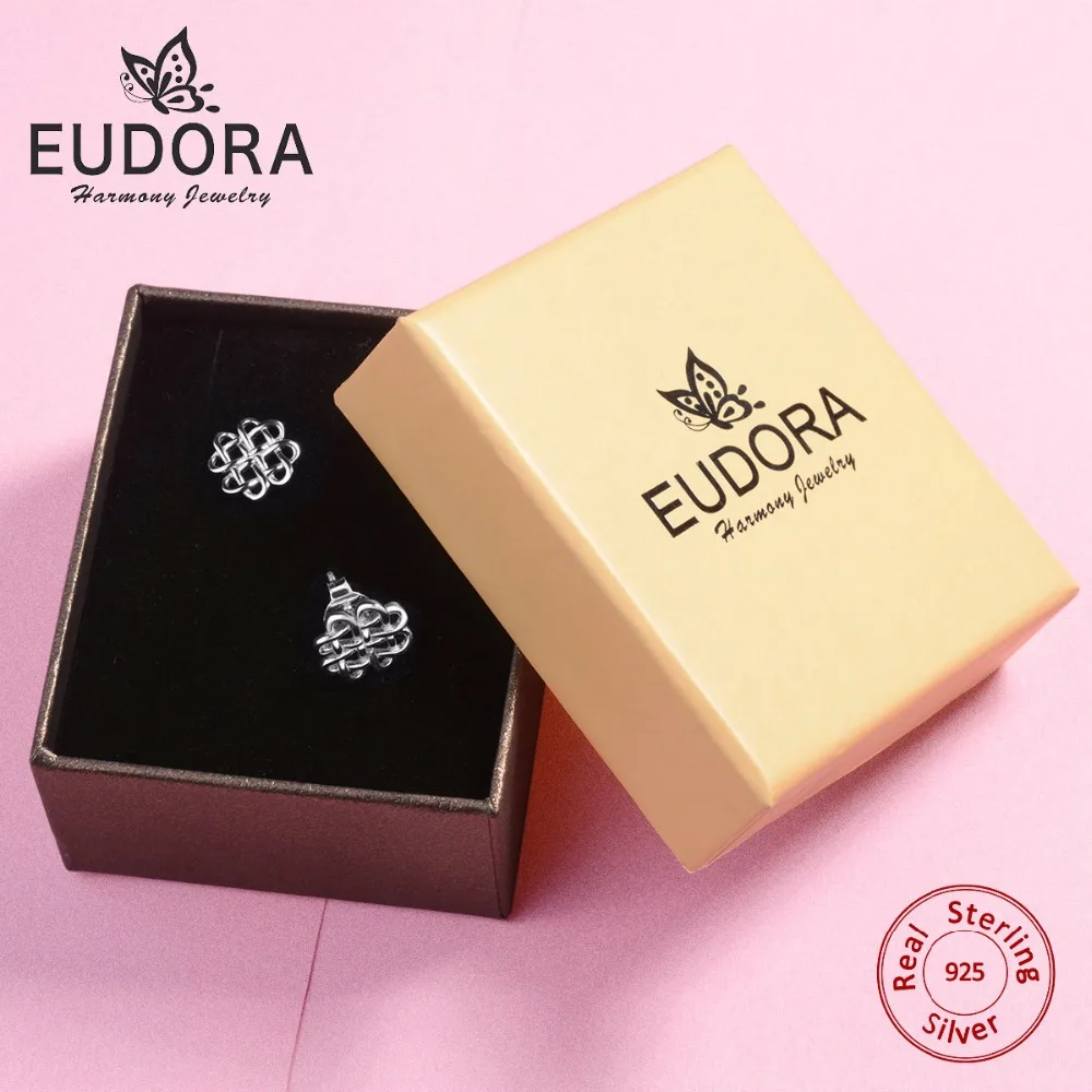 

EUDORA Unique 100% Real Pure 925 Sterling Silver Pated With Gold Earring Stud Heart Knot Earring Women Fine Jewelry CYE009