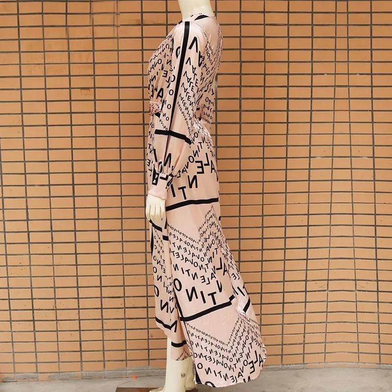 COKAGO Deep V Neck Long Dress With Belt Letter Print Sleeve Maxi Dresses For Woman High Split Plus Size Summer 2019 | Женская одежда