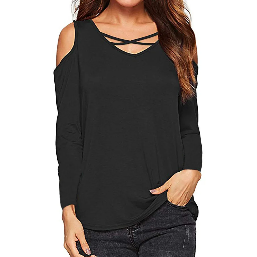 

Summer Women's T-Shirts 2020 Fashion Casual T-shirt Sexy Off Shoulder Tops Long Sleeve Solid V-neck Lady Loose Tops Tees