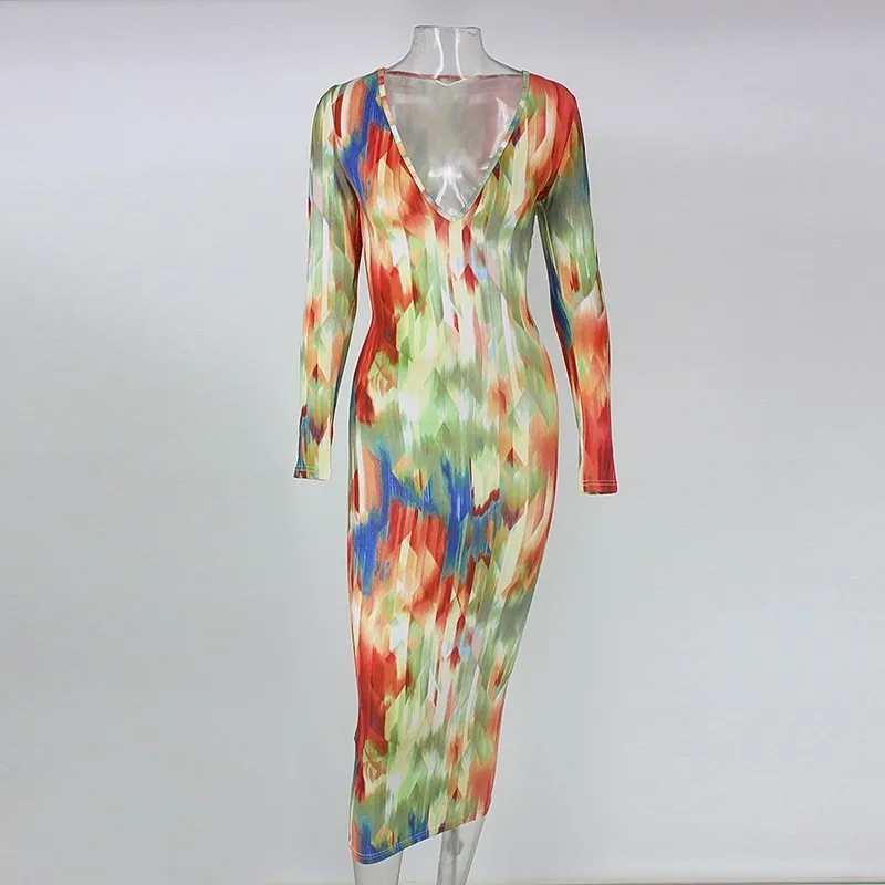 Платье миди с длинным рукавом глубоким V образным вырезом|Женские платья| |