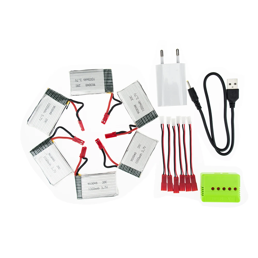 3 7 V Lipo 1000mAh 20C JST Drone 6 шт батареи с зеленым зарядным кабелем Набор для RC H11D HQ898 Quadcopter