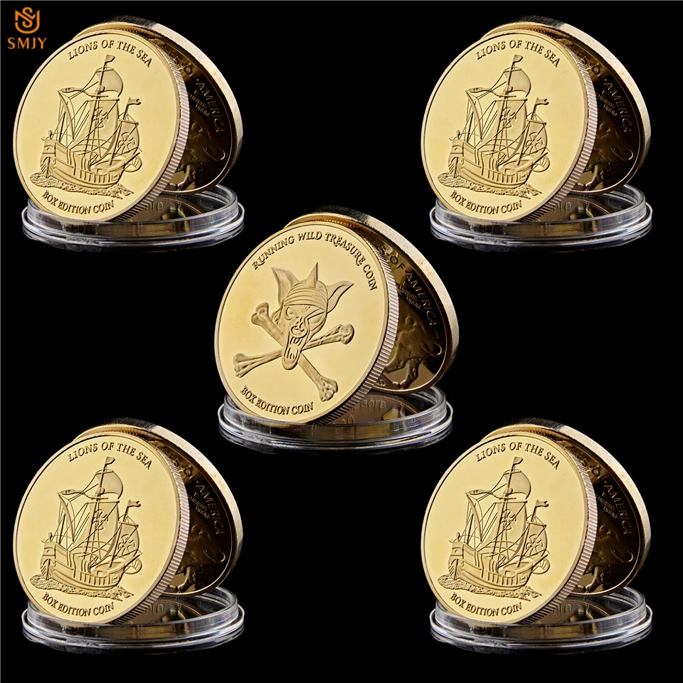 

5Pcs/Lot Gold Plated Metal Coin Corsair Lion of The Sea Running Wild Treasure Treasure Gold Challenge Commemorative Coin