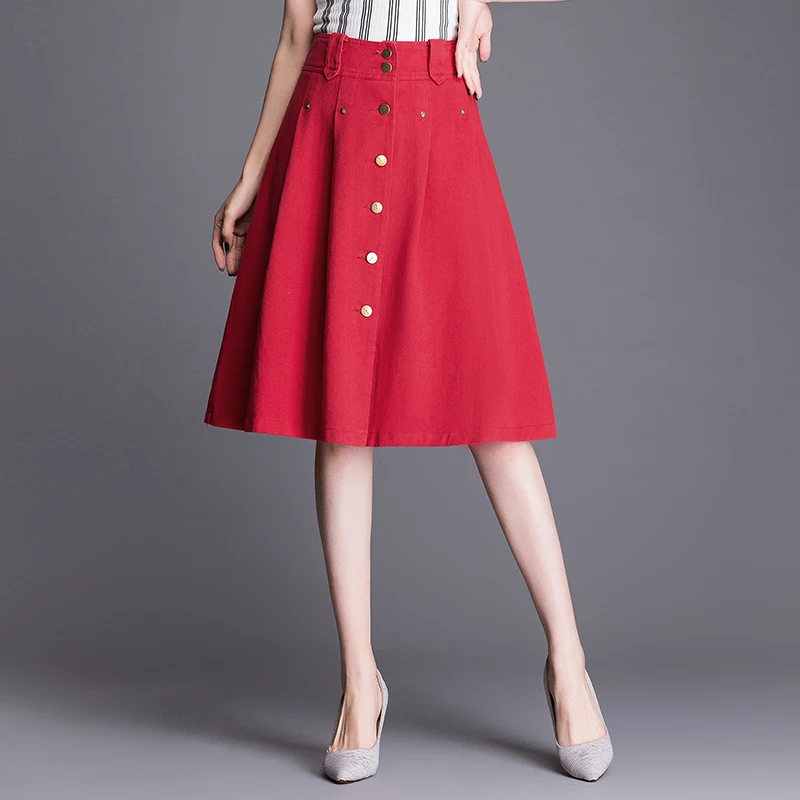 Женская джинсовая юбка с высокой талией белая и красная длинная юбка-трапеция