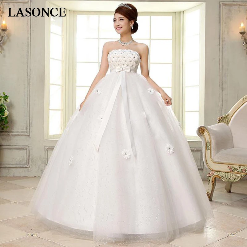 

LASONCE Elegant Bow Sash Ball Gown Lace Wedding Dresses Crystal Flowers Strapless Off The Shoulder Backless Bridal Dress