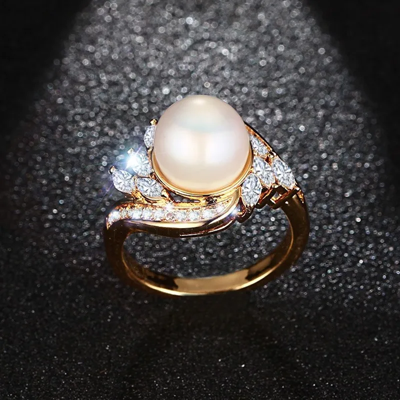 

Elegant Simulated Pearl Rings For Women Gold-Color With AAA+ CZ Stone Wedding Engagement Band Ring Female Anel