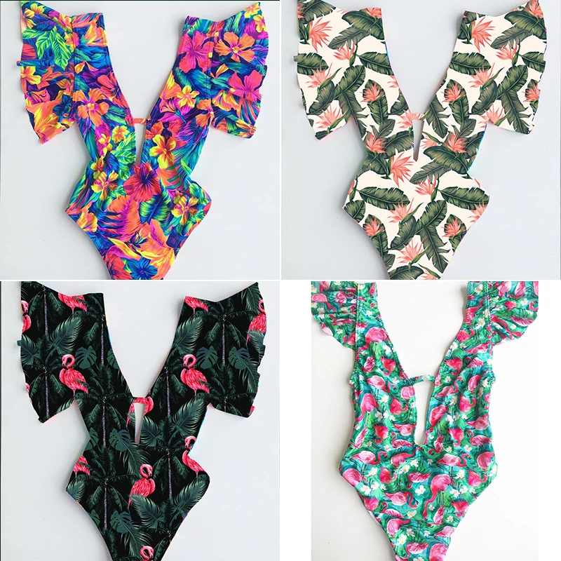 Peachtan Ruffle floral print bikini 2019 new High cut swimsuit one piece Deep v-neck swimwear women bathing suit Summer beach | Спорт и